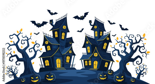 Spooky Halloween Houses with Bats and Pumpkins, Dark Night Scene