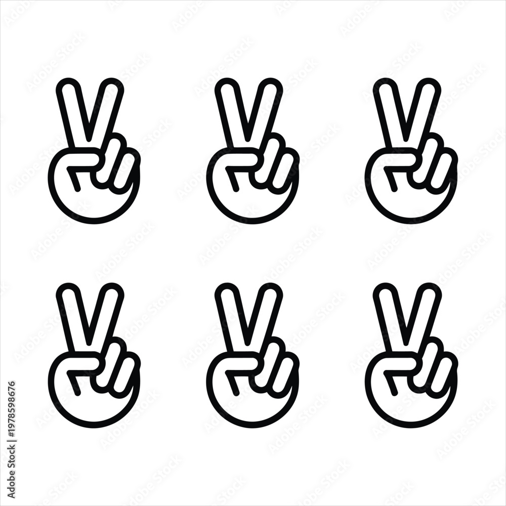 Fototapeta premium Six peace hand sign icons in black and white minimalist outline style