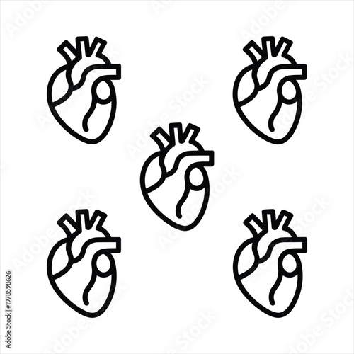 Anatomical human heart icons in minimalist black line style on white background