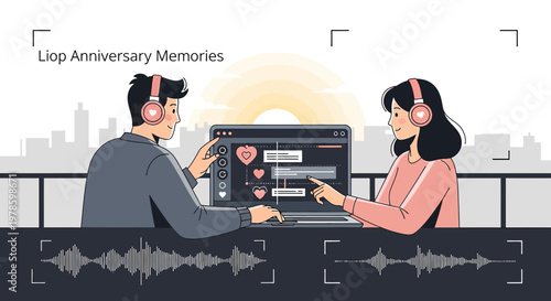 Couple Creating Digital Anniversary Memories with Music and Photos on Laptop