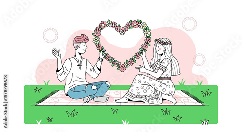 Couple Creating Floral Heart Together on Picnic Blanket, Love Symbol Illustration