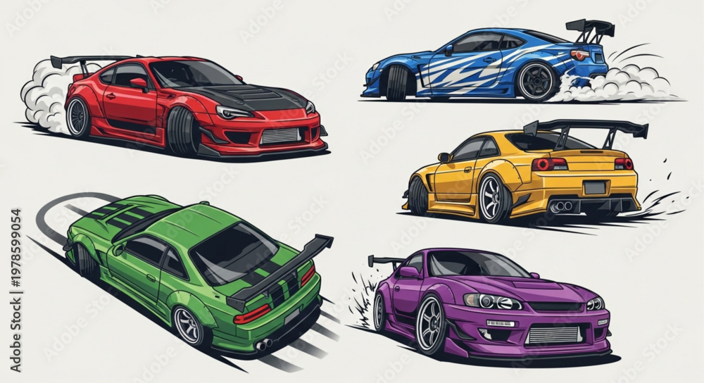 Fototapeta premium Collection of Five Tuned Sports Cars in Dynamic Poses.