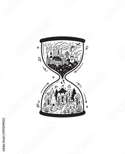 Hourglass depicting environmental contrast between industry and nature.