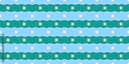 Geometric pattern seamless with white jasmine flowers on green and light blue wavy background. Design for fabric, Background, Wallpaper, Vector illustration.