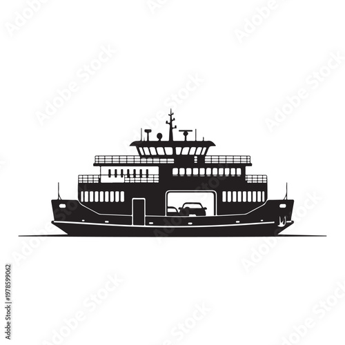 Ferry boat ship silhouette isolated vector illustration cargo transportation vessel watercraft.