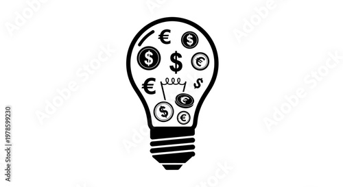 Lightbulb Filled with Currency Symbols: Idea, Finance, Innovation, Money Concept