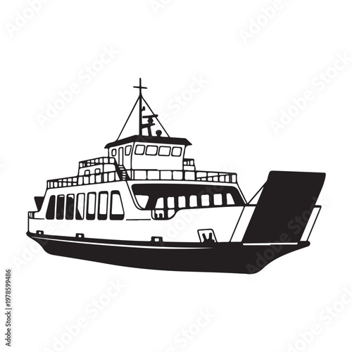 Ferry boat ship silhouette isolated vector illustration cargo transportation vessel watercraft.