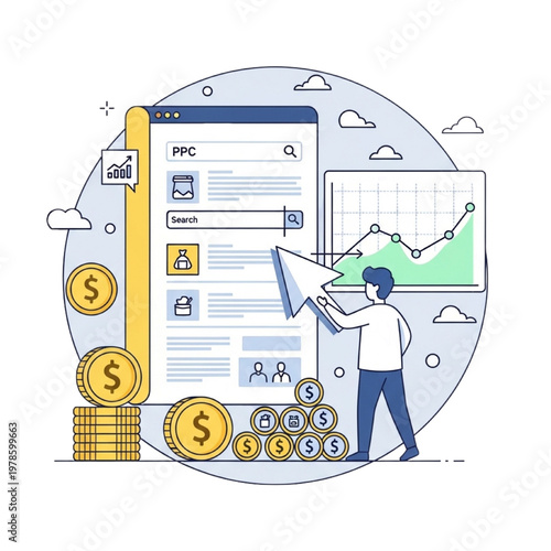 PPC pay per click advertising concept with businessman clicking search engine results page and dollar coins stack, flat line vector illustration for digital marketing SEM campaign ROI analytics