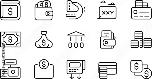 Collection of black line icons illustrating various financial and banking concepts and services