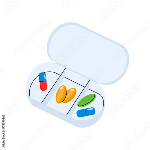 Plastic pill organizer with tablets. Daily medication box with compartments. Healtcare storage concept isolated on white background. Flat vector illustration.