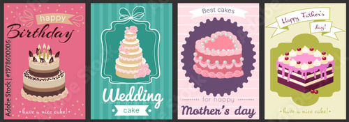 Cake poster. Bakery template. Confectioner for wedding, birthday party. Card pastry, menu flyer. Food for restaurant celebration. Vector dessert biscuit cartoon flat style isolated illustration set