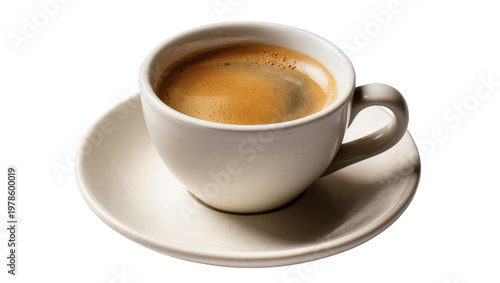 Fotografie White ceramic cup filled with dark espresso coffee, isolated on transparent back