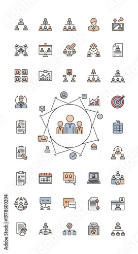 :
Outline business management and HR icons set in circular layout with teamwork and corporate concepts vector