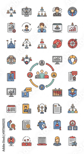 :
Colorful business and HR management icons collection with dynamic layout and corporate workflow elements vector