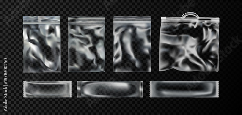 3D packaging. Mockup for food. Realistic transparent bags for candy. Empty boxes. Plastic pouch for snacks. Product container. Clean template. Isolated clear disposable packages set. Vector branding