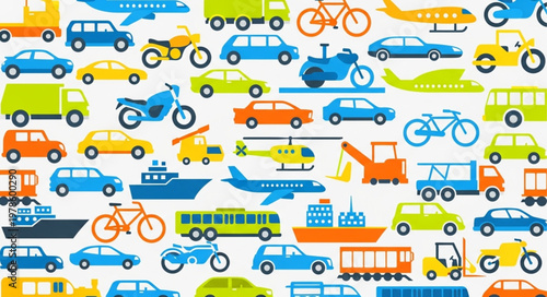 Colorful Collection of Various Transportation Vehicles and Modes.