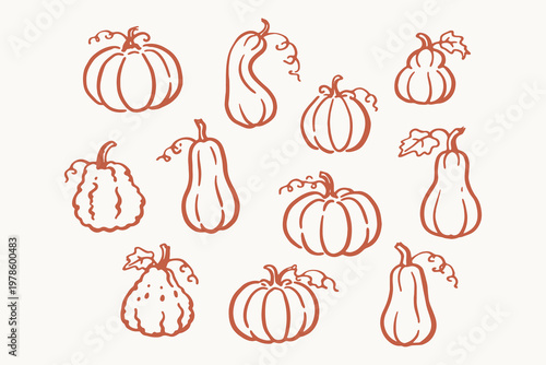 Pumpkin and gourd set naive doodle vector illustration