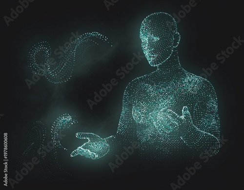 Digital human with glowing circuitry connections.