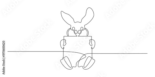 Continuous line drawing of a rabbit holding a sign