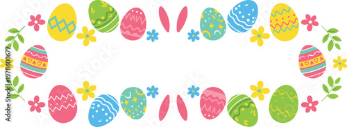 Easter Egg Horizontal Border Frame with Bunny Ears and Colorful Spring Flowers for Seasonal Greeting Cards, Festive Party Invitations, and Holiday Web Headers