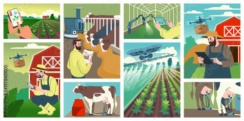 Smart farming scenes collage. Agriculture and dairy automation using equipment drones, sensors, irrigation and mobile analytics across fields, greenhouse. Vector cartoon flat isolated illustration