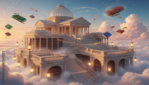 Fantasy castle in the clouds with airships.