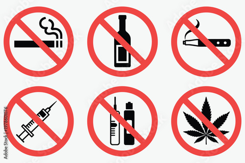 no smoking no vaping no hemp no drugs no alcohol sign, featuring prohibition icons for public safety, health warning, and restricted area compliance, vector illustration for indoor and outdoor use.