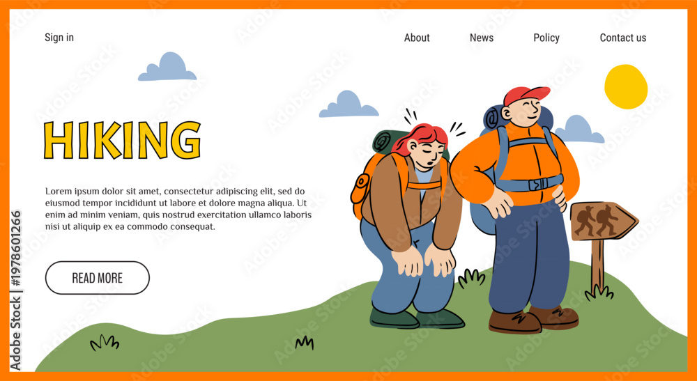 Fototapeta premium Hiking landing page. Camp activity. Cartoon hikers. Couple with backpacks walking in nature. Website design template. Travelers camping vacation. Adventure journey. Summer travel. Vector background