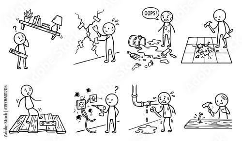Stick figures experiencing home repair and renovation failures