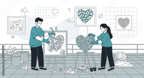 Couple Creating Mosaic Hearts, Symbolizing Love, Partnership, and Creativity