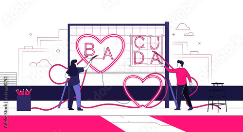 Couple creating neon heart sign for love and romance