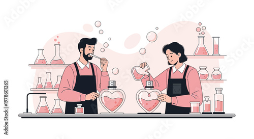 Couple creating perfume in heart-shaped bottles with lab equipment