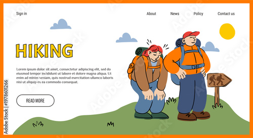Hiking landing page. Camp activity. Cartoon hikers. Couple with backpacks walking in nature. Website design template. Travelers camping vacation. Adventure journey. Summer travel. Vector background