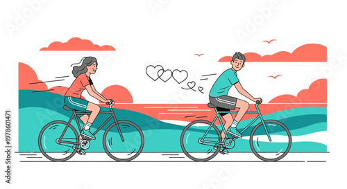 Couple Cycling Together by the Sea with Hearts