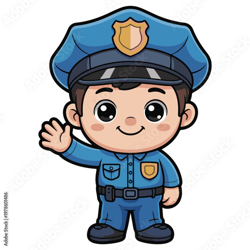 Friendly cartoon police officer waving in blue uniform with badge