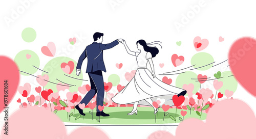 Couple Dancing Amidst Hearts Illustration: Love, Romance, Wedding, Anniversary