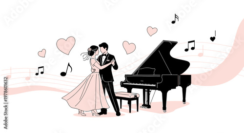 Couple Dancing by Grand Piano, Hearts, Music Notes - Romantic Wedding Illustration