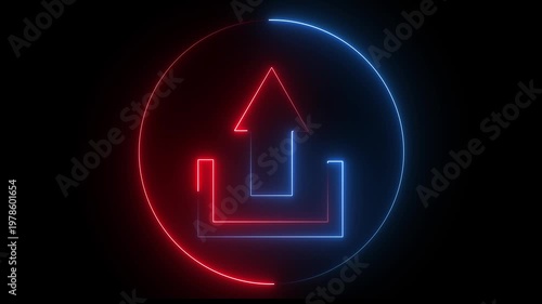 Glowing neon blue and red color logout sign icon animation right arrow sign symbol on black background. 4k animation by neon .4k motion video.