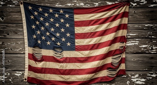 American Flag with Holes and Worn Appearance.