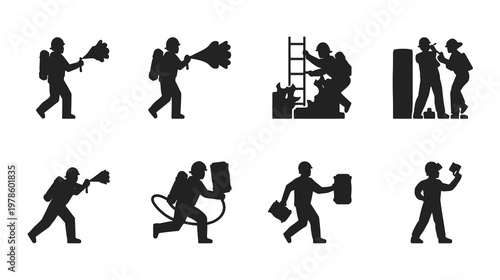 Bold Black Silhouettes, Ladder Rescue, Water Spray, Safety Signal, Minimal Flat Design