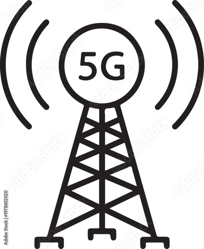 A black 5g cellular tower icon with radiating waves a minimalist silhouette