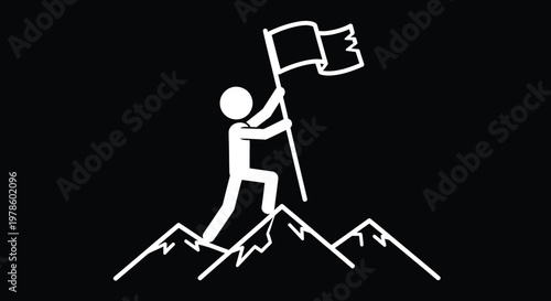 A simple white stick figure triumphantly raises a flag atop a jagged mountain peak
