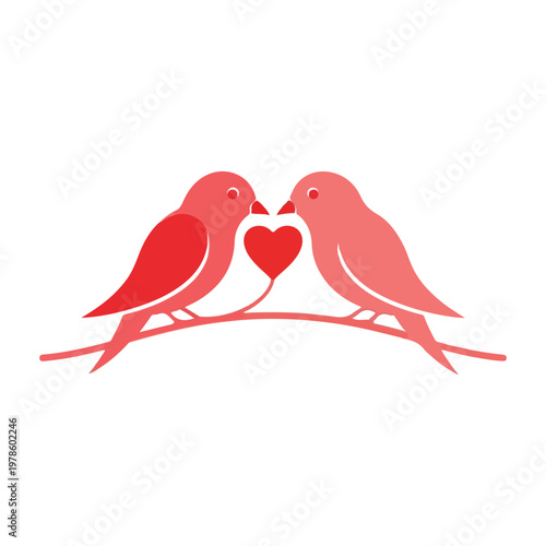 Love birds on branch with heart symbol between them love concept