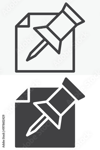 Paper push pin icon set in line and solid styles. Outline and filled icon pin tool. Editable stroke vector sign, symbol for notice board pin icon.