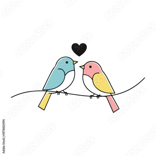 Love birds on branch with heart symbol between them love concept