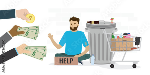 Homeless man sitting near trash bin and shopping cart receives money from several hands, showing concept of charity, donations, community support and social welfare aid.