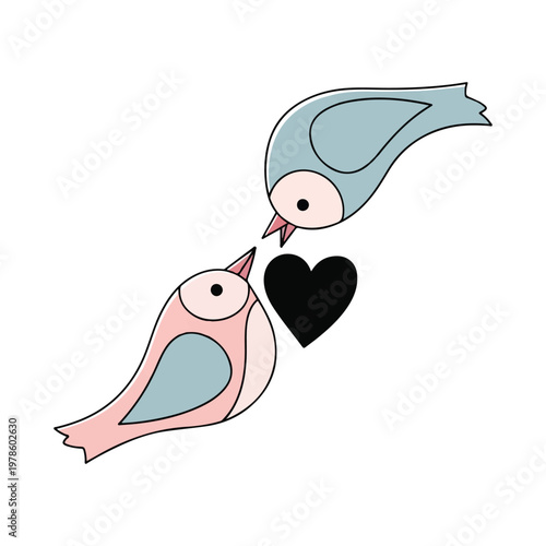 Love birds on branch with heart symbol between them love concept