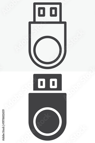 USB flash drive icon set in line and solid styles. Outline and filled icon memory device. Editable stroke vector sign, symbol for storage data icon.