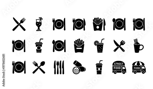 Bold diner icons set food utensils fries and street food symbols vector eps10