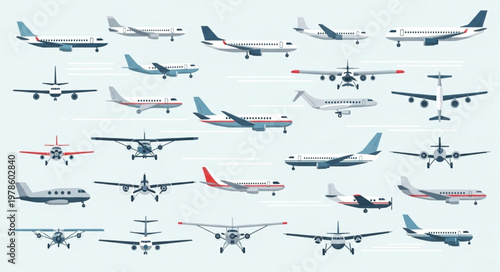 Collection of various types of airplanes and aircraft.